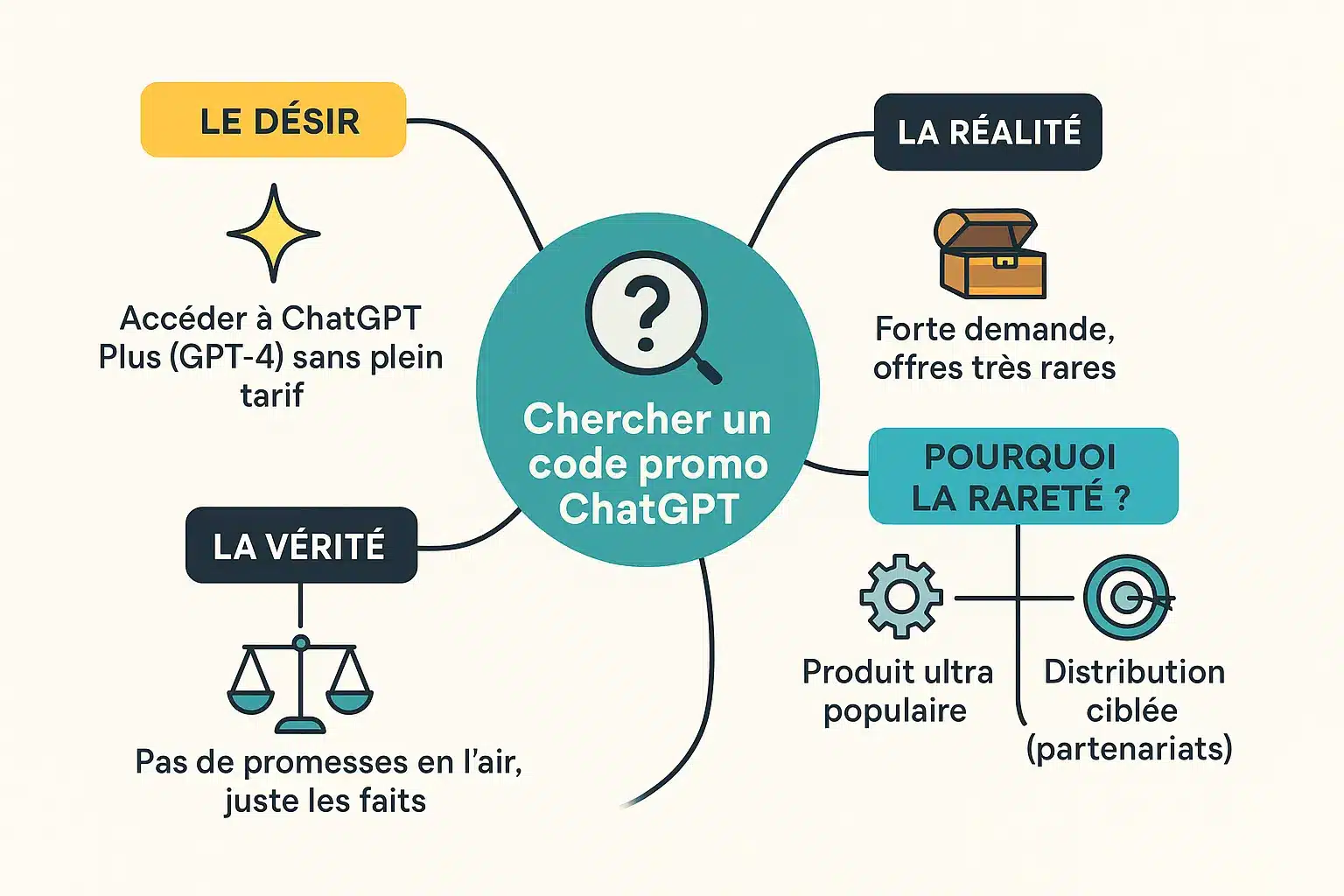 Illustration montrant une loupe cherchant un code promo ChatGPT parmi des symboles de pourcentage.