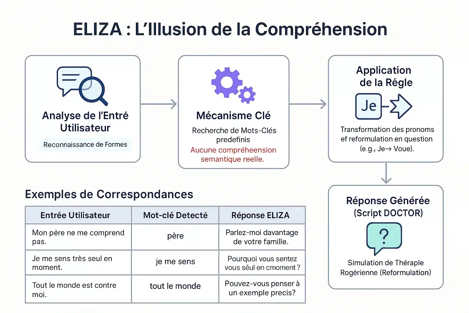 Mécanisme de correspondance de motifs d'ELIZA illustrant l'illusion de compréhension