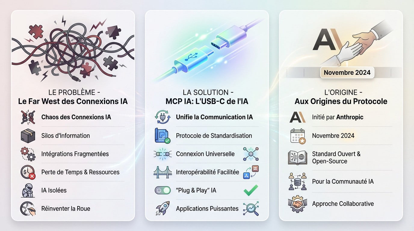 Schéma illustrant le MCP IA comme un port USB-C universel résolvant le chaos des connexions IA