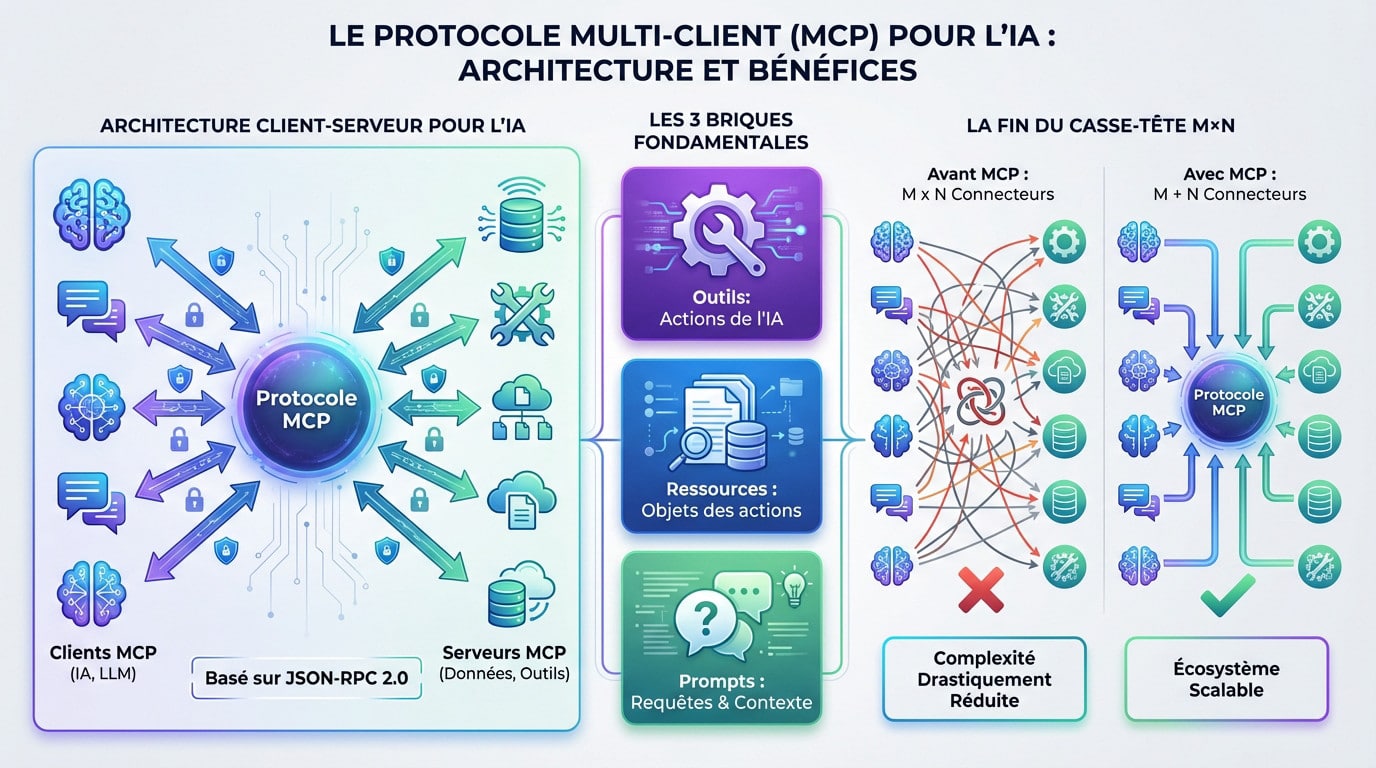 Schéma de l'architecture du protocole MCP montrant la connexion entre clients IA et serveurs de données