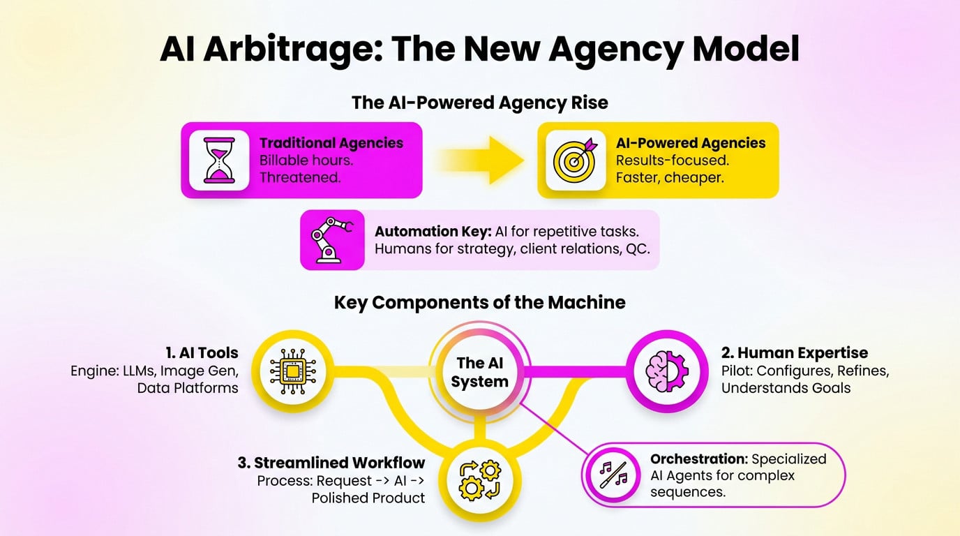 Diagramme du modèle d'agence d'arbitrage AI montrant le passage de la facturation horaire à l'automatisation basée sur la valeur.