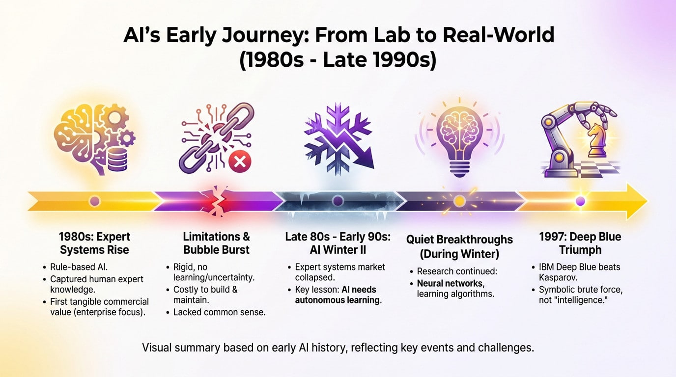 Timeline illustrating the journey of AI from the 1980s <strong>expert systems</strong> to the 1990s Deep Blue victory