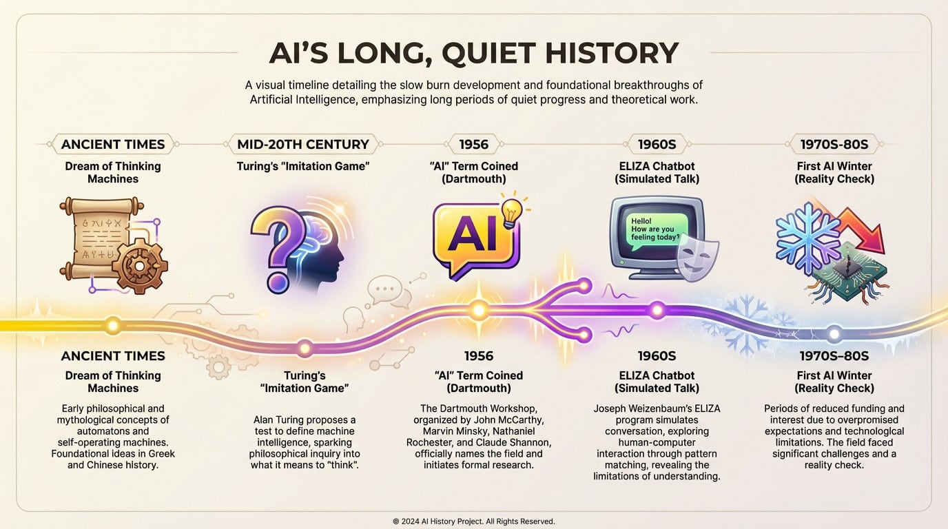 Timeline infographic showing the history of artificial intelligence from ancient myths to modern computing