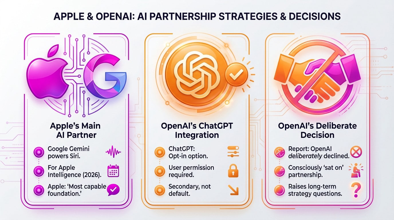 Illustration of the strategic divergence between Apple, Google, and OpenAI regarding Siri integration