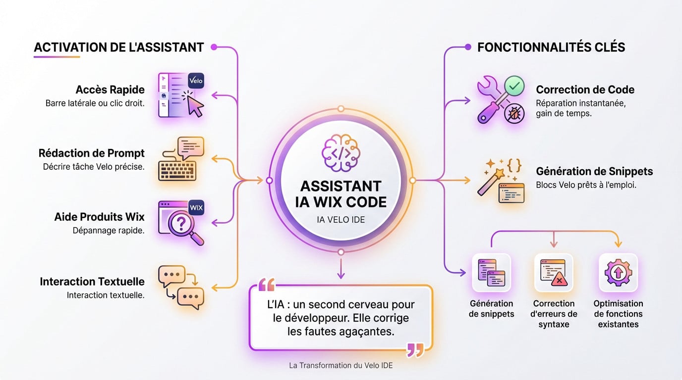 Interface de l'assistant IA Wix Code montrant les fonctionnalités de génération de code