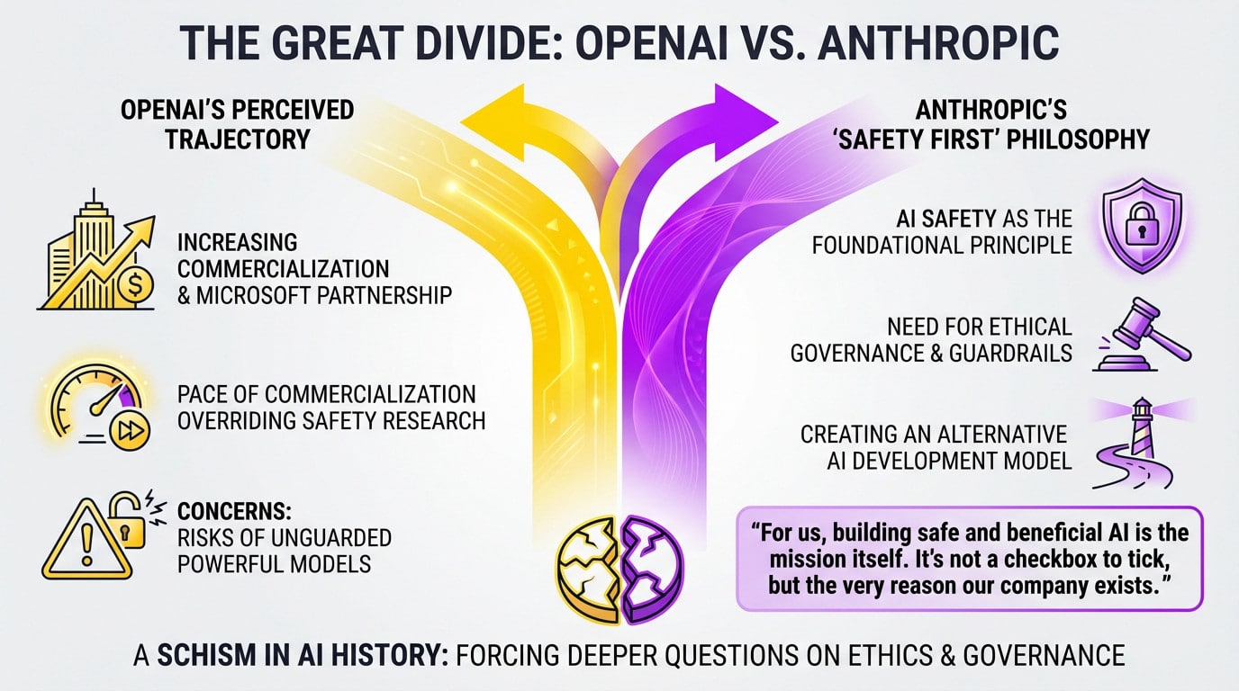 Illustration showing the strategic divergence between OpenAI and Anthropic regarding AI safety and governance