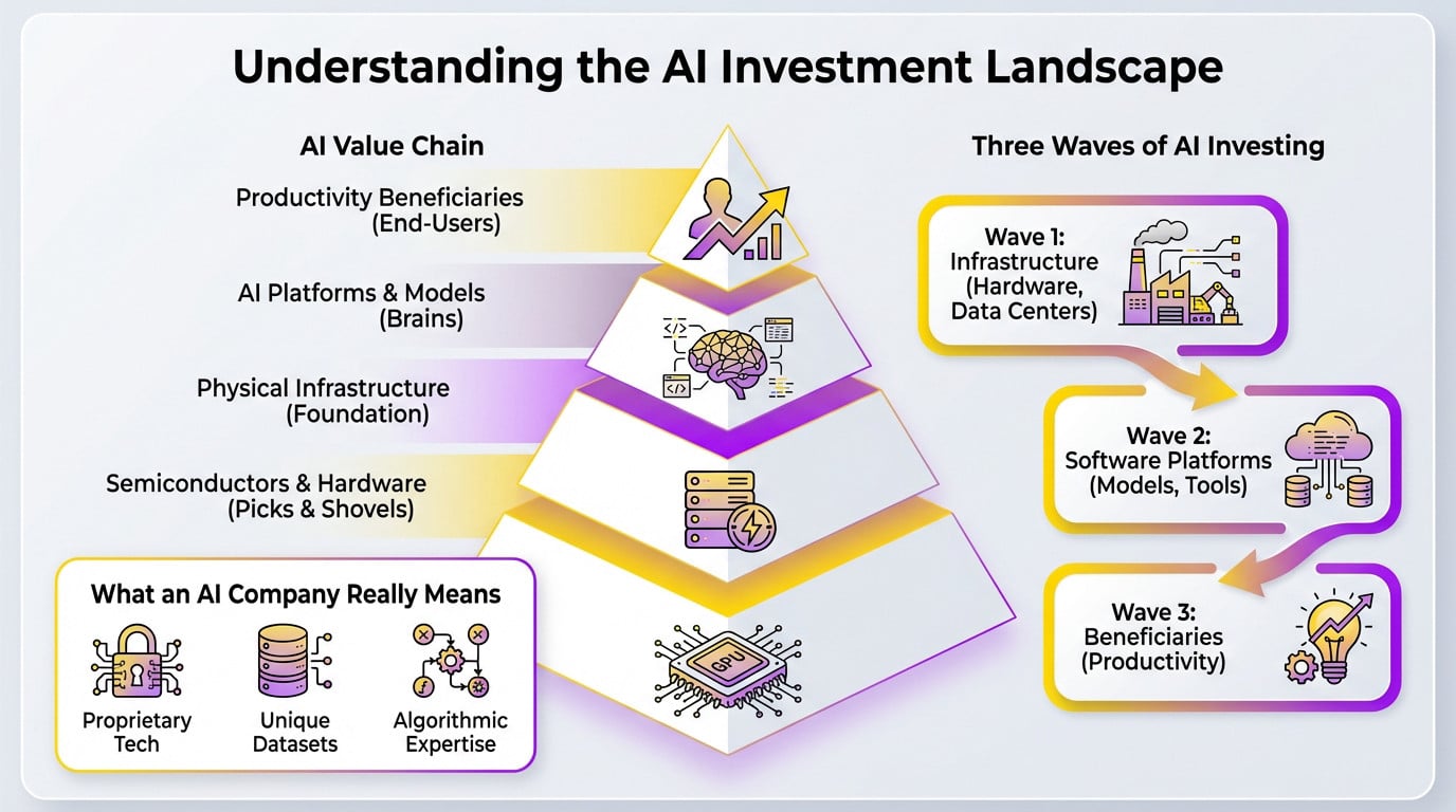 Illustration of the AI investment ecosystem showing hardware, infrastructure, and software layers
