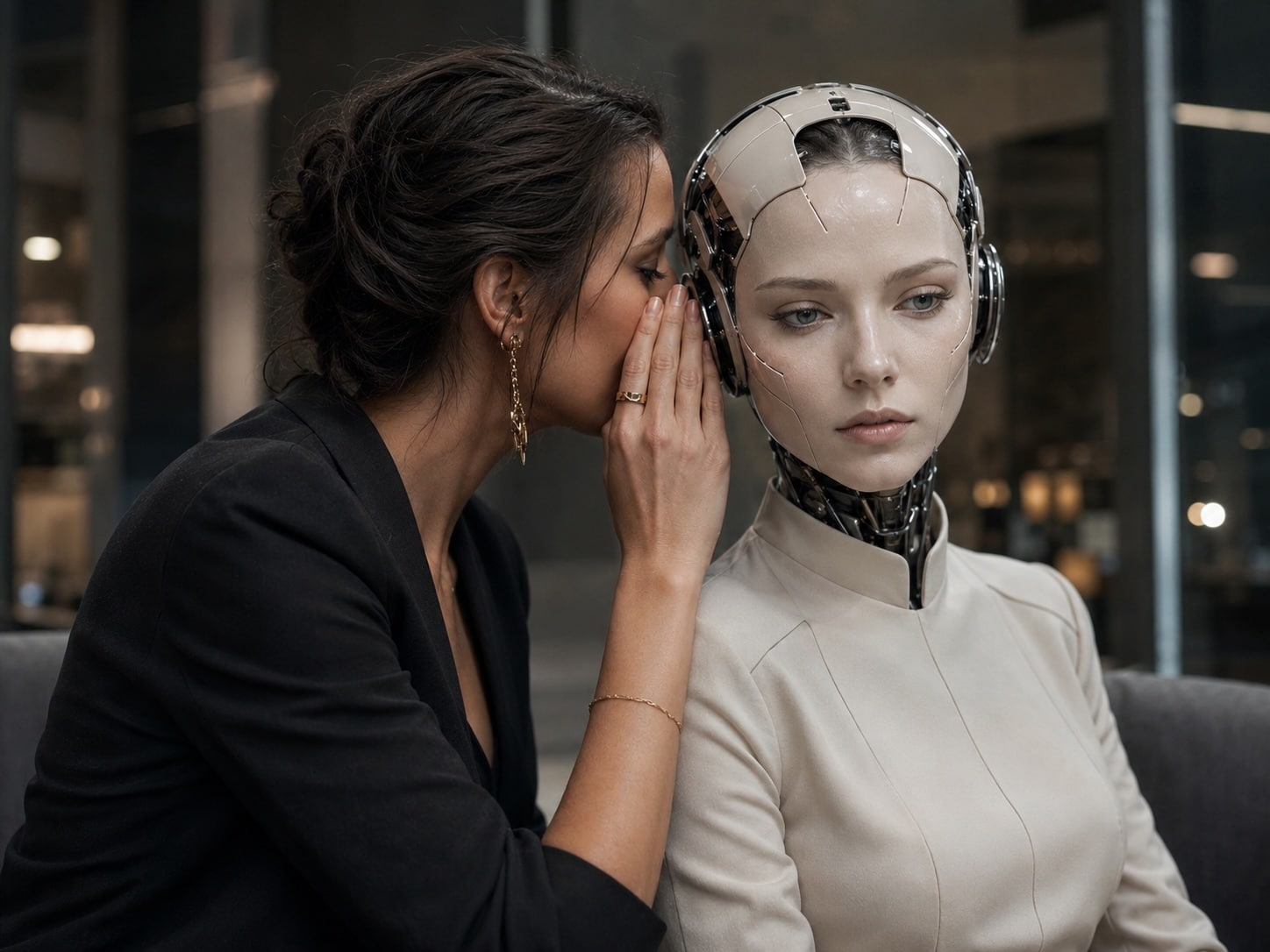 Femme qui murmure à l'oreille d'une IA