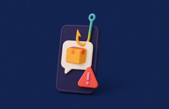 Illustration d'un faux SMS de livraison de colis avec hameconnage par IA
